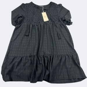 Dokotoo Eyelet Babydoll Dress Black Boho Cottagecore Puff Sleeve Tiered NWT L